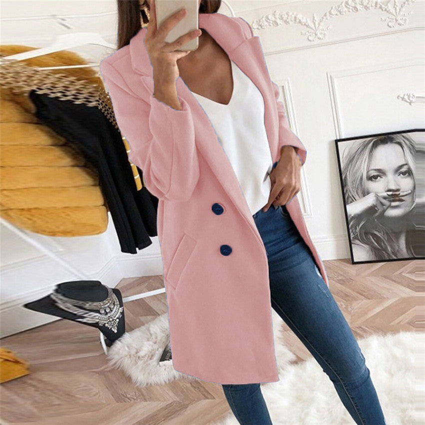 Solid Color Woolen Polo Collar Coat - Mid-length Button Design