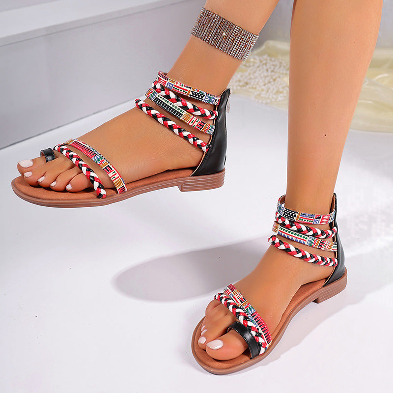 Ethnic Colorful Flat Bottom Sandals - Large Size with Stylish Stitching Design for Comfort and Style