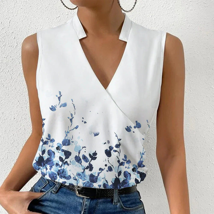 Casual Printed Tops Summer V-neck Sleeveless T-shirt Womens Clothing