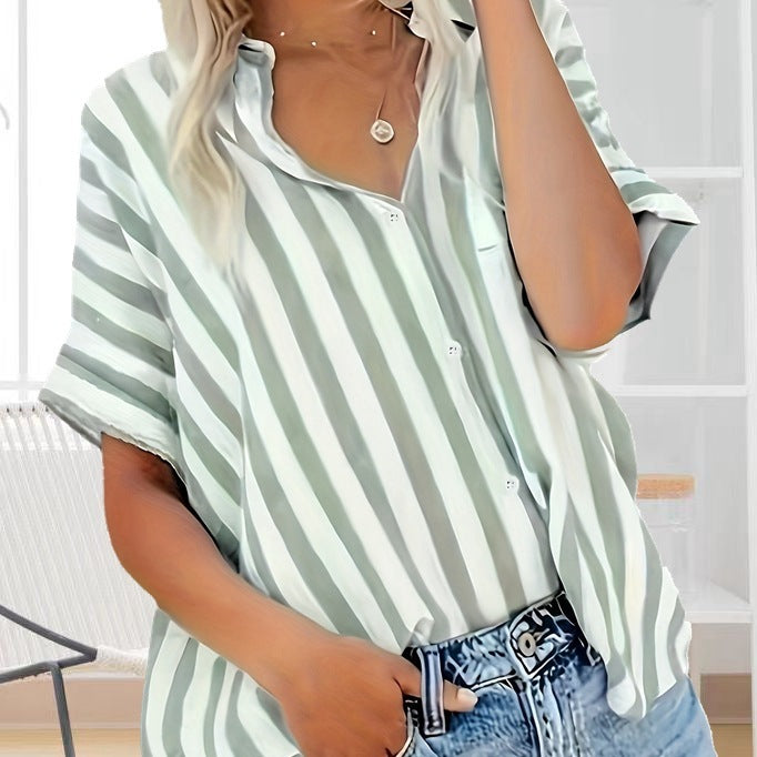 Fashion Elegant Comfortable Button Striped Plus Size Plump Girls Summer Shirt