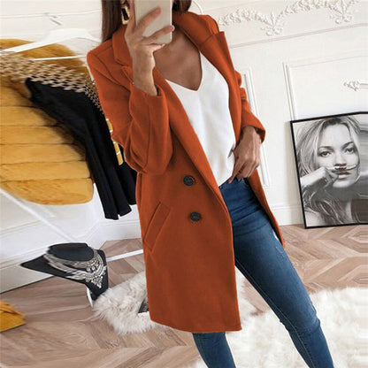 Solid Color Woolen Polo Collar Coat - Mid-length Button Design