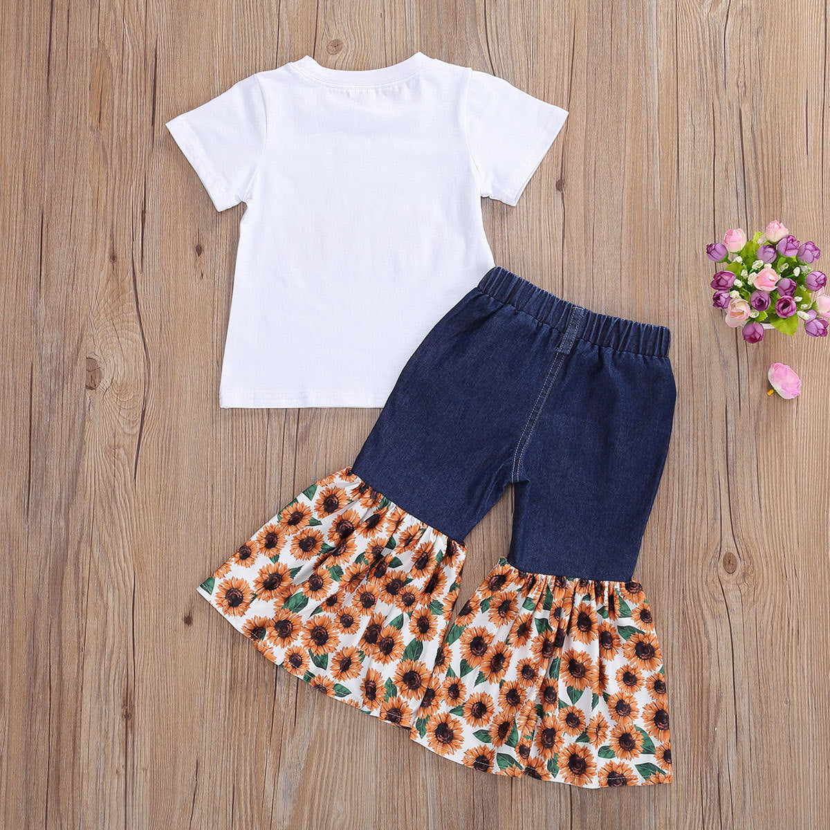 Kids Short Sleeve T-Shirt Denim Torch Sunflower Print Set