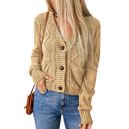 Summer Solid Color Knitted Cardigan with Pockets - Button Texture Long Sleeve