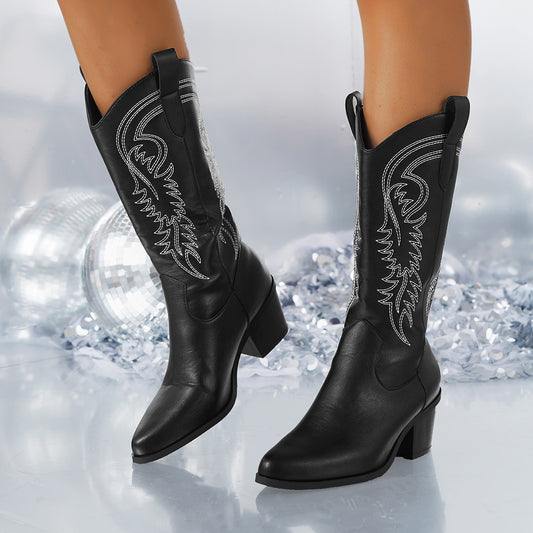 Western Embroidered Mid-calf Boots - White Knight Fashion Pointed Toe Square Heel Women's Shoes for Autumn Winter
