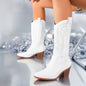 Western Embroidered Mid-calf Boots - White Knight Fashion Pointed Toe Square Heel Women's Shoes for Autumn Winter