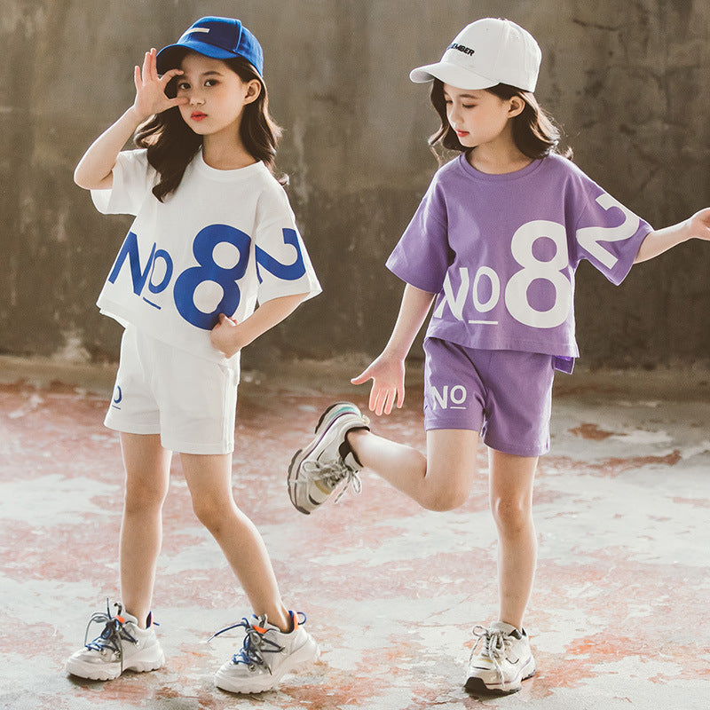Loose Children's Wear Girl Short-sleeved Big Kids Sports Two-piece Suit