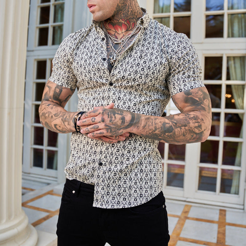 Men's Summer Slim Fashion Stretch 3D Printing Lapel Short Sleeves