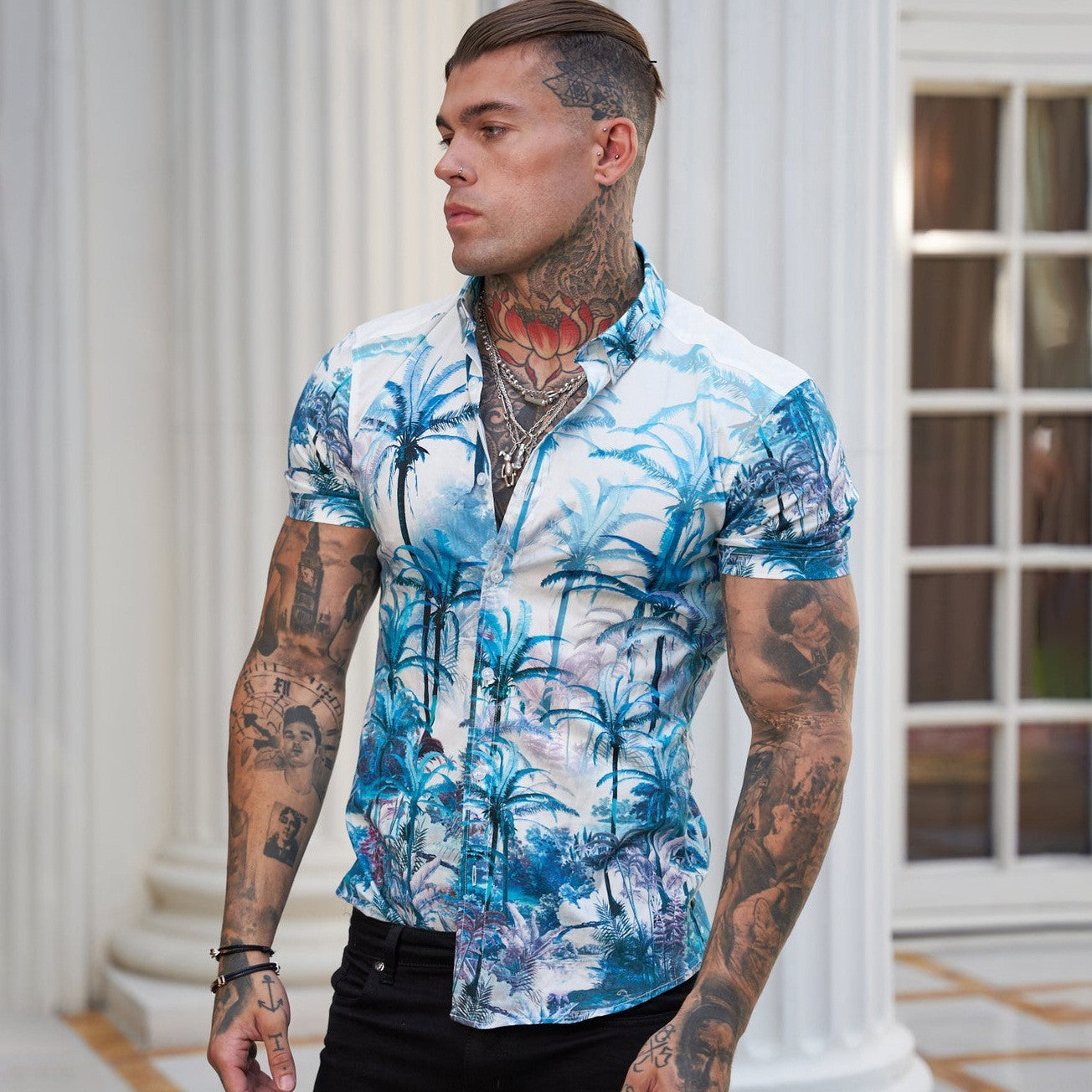 Men's Summer Slim Fashion Stretch 3D Printing Lapel Short Sleeves