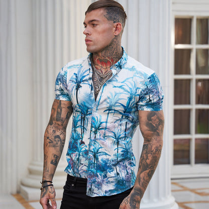 Men's Summer Slim Fit Shirt - Fashion Stretch 3D Printing Lapel Short Sleeves