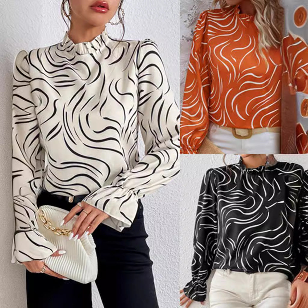 Women's Water Ripple Printed Long-sleeved Top