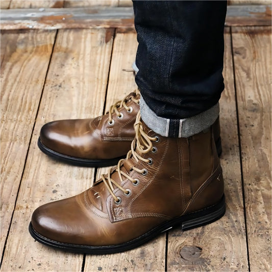 Men Cowboy Boots Retro Lace-up Martin Boot Round Toe Low Heel