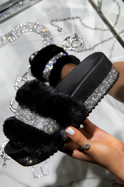 Luxury Fur Rhinestone Slippers for Women - Designer Comfort