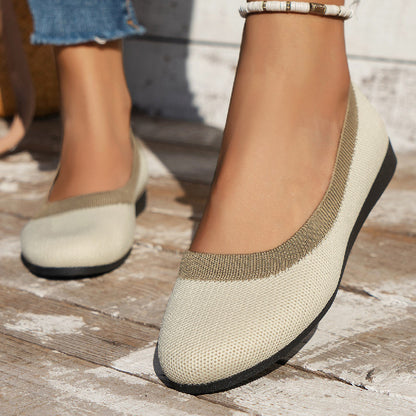 Knit Slip-on Work Shoes: Breathable Low-cut Pumps Flat Round Toe Flying Woven Design