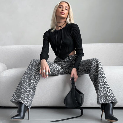 Leopard Print Narrow Jeans for Women - Stylish Trendy Fashion
