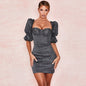 Square Neck Puff Sleeve Dress with Pleats and Waist Detail