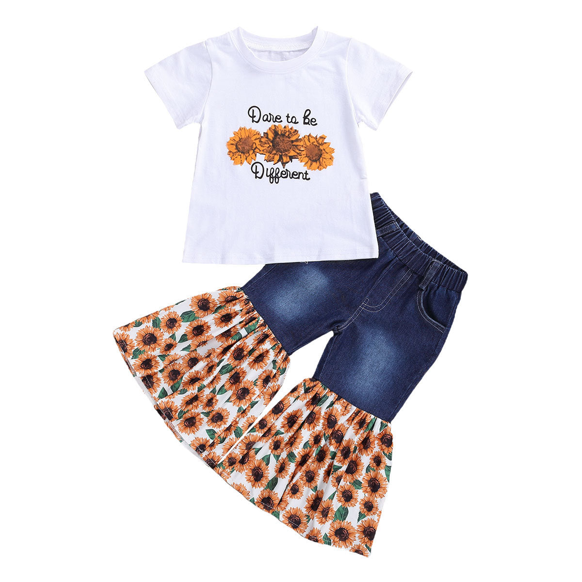 Kids Short Sleeve T-Shirt Denim Torch Sunflower Print Set