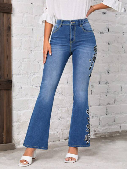 Women's Floral Embroidered Flared Jeans for Trendy Fashion