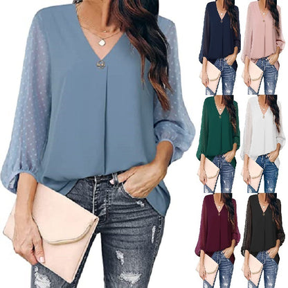 Women's Puff Sleeve V-neck Shirt - Long Sleeve Top