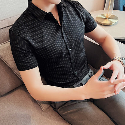 Men's Ice Silk Shirt - Leisure Short Sleeve Striped Design