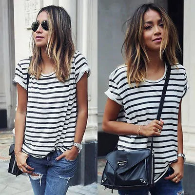 New Fashion Women's Striped Summer Top - Casual Short Sleeve Loose Fit
