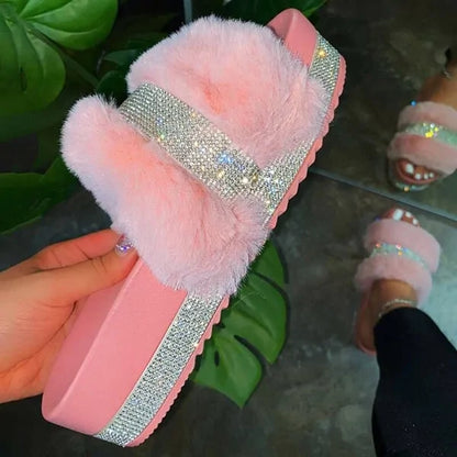 Luxury Fur Rhinestone Slippers for Women - Designer Comfort