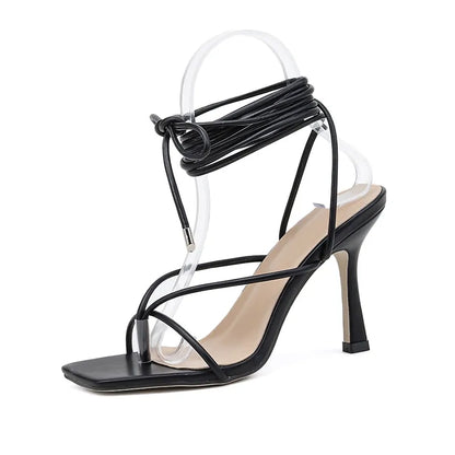 Vintage High Heel Sandals - Square Toe Cross Strap Women's Sandals