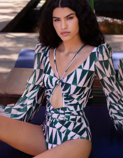 Vintage One Piece Swimsuit Long Sleeve Women's Plus Size Bathing Suit Monokini Summer Print Bandage - Store 48