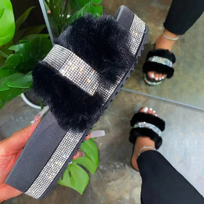 Luxury Fur Rhinestone Slippers for Women - Designer Comfort