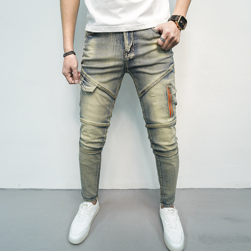 Spring And Summer All-matching Elastic Stitching Skinny Fashion And Handsome Zipper Decorations Men's Jeans
