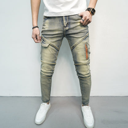 Spring and Summer Men's Skinny Jeans with Elastic Stitching and Zipper Decorations for Stylish Comfort