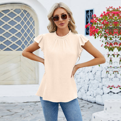 Solid Color Pleated Casual Women's Top - Short Sleeved Style
