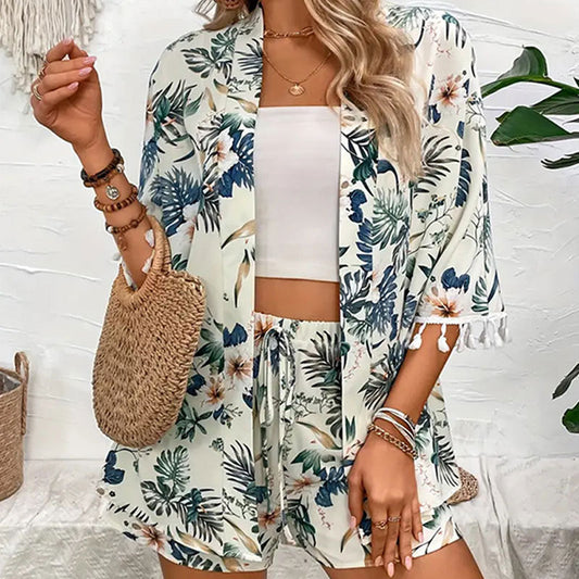 Shirt Printed Beach Pants Suit with Tassel Short Two-piece Set - Trendy Summer Fashion