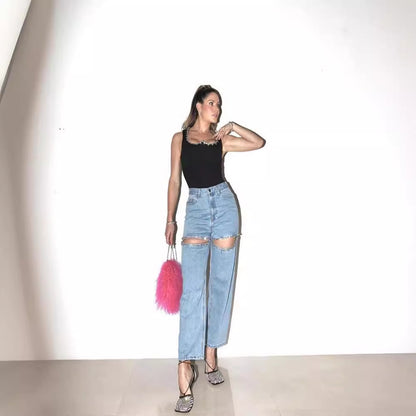 Blue Women's Jeans with Holes - Straight Fit Style