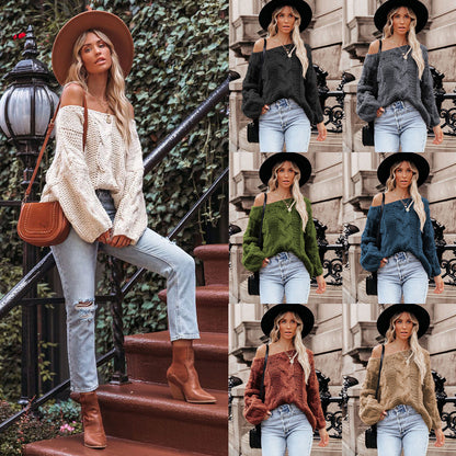 Cable-knit Oversized Sweater - Off-neck Loose-fitting Pullover