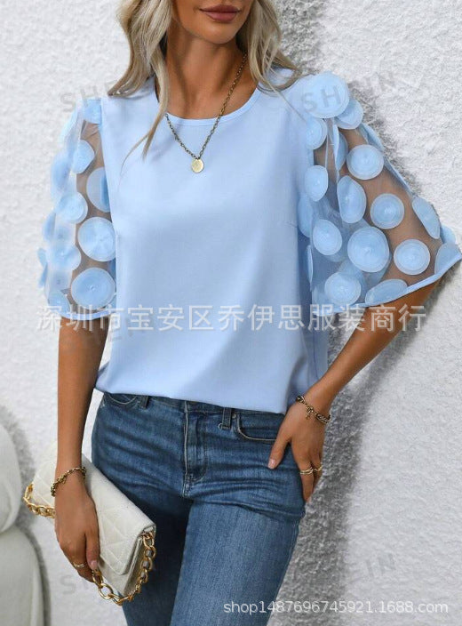 Round Neck Hollow-out Short-sleeved Shirt Casual Top