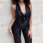 New Solid Color Sequined Jumpsuit - Sleeveless Suspender Style
