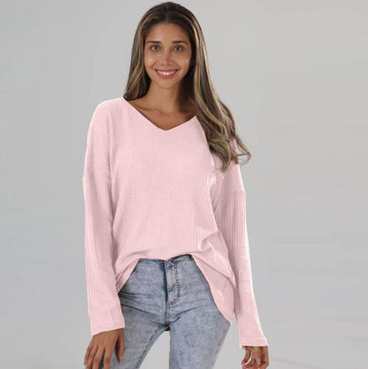 Plus Size V-neck Knitted Shirt for Women - Loose Fit Street Style
