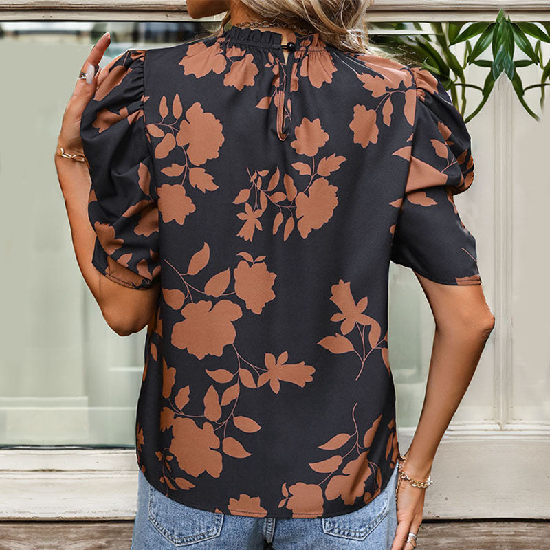 Women's Printed Round Neck Horse-hoof Sleeve Elegant Shirt