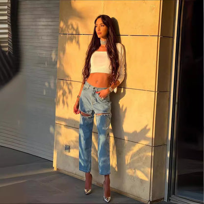 Blue Women's Jeans with Holes - Straight Fit Style