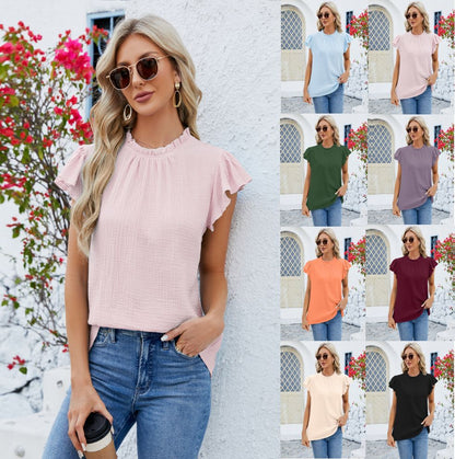 Solid Color Pleated Casual Women's Top - Short Sleeved Style