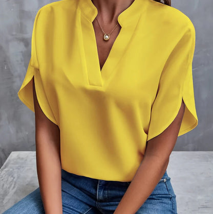 Summer New V-neck Casual Shirt for Women – Pure Color Short-Sleeved Versatile Top