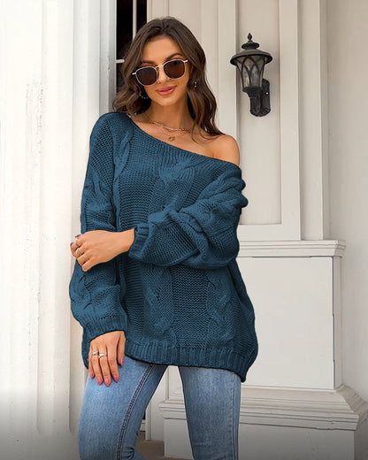Cable-knit Oversized Sweater - Off-neck Loose-fitting Pullover