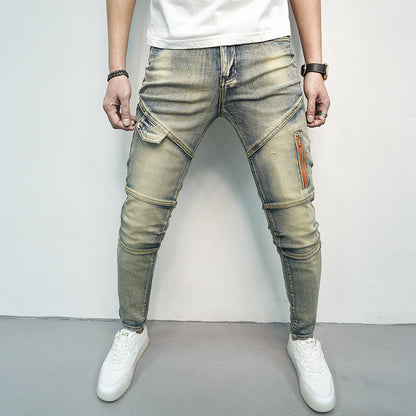 Spring and Summer Men's Skinny Jeans with Elastic Stitching and Zipper Decorations for Stylish Comfort