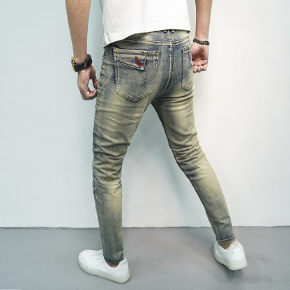Spring and Summer Men's Skinny Jeans with Elastic Stitching and Zipper Decorations for Stylish Comfort
