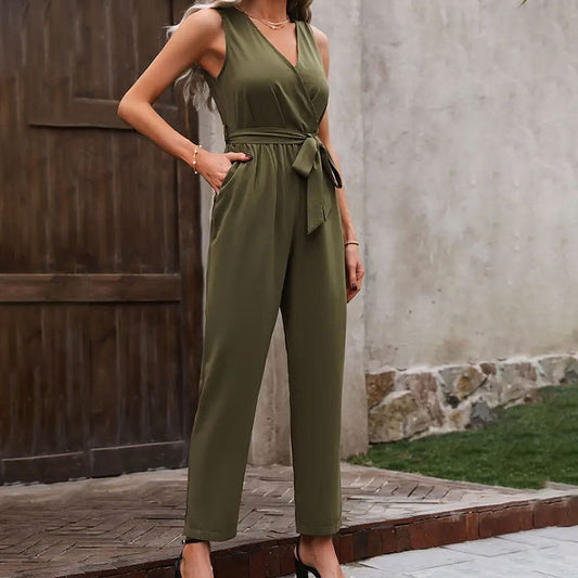 Elegant Sleeveless Jumpsuit with Cross Collar and Waistline Lace-up Design