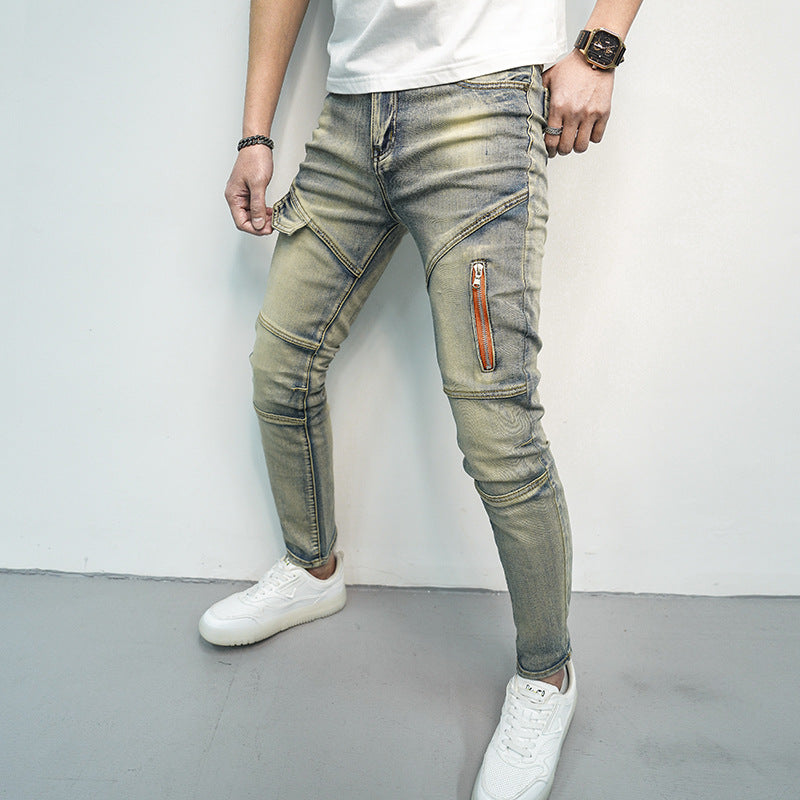 Spring And Summer All-matching Elastic Stitching Skinny Fashion And Handsome Zipper Decorations Men's Jeans