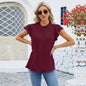 Solid Color Pleated Casual Women's Top - Short Sleeved Style