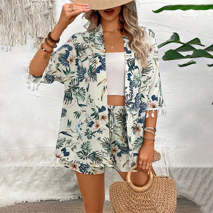 Shirt Printed Beach Pants Suit with Tassel Short Two-piece Set - Trendy Summer Fashion