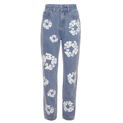 Fashionable High Waist Printed Jeans for Women - Stylish Straight Fit