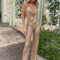 New Solid Color Sequined Jumpsuit - Sleeveless Suspender Style